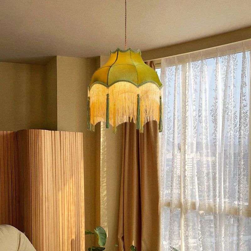 Afralia™ Vintage Green Tassel Pendant Light with Cloth Lamp Shade