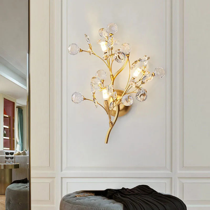 Afralia™ Romantic Crystal and Gold Branch Wall Lights for Living Room Bedroom Decor