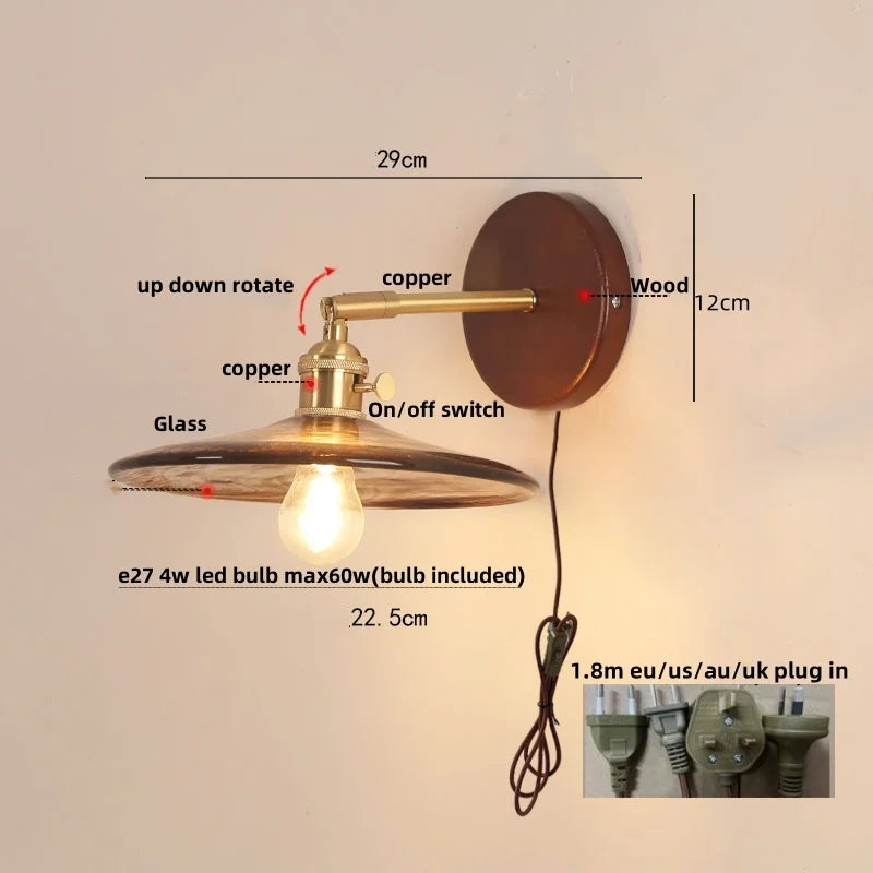 Afralia™ Walnut Wood LED Wall Light Nordic Modern Glass Pull Chain Switch