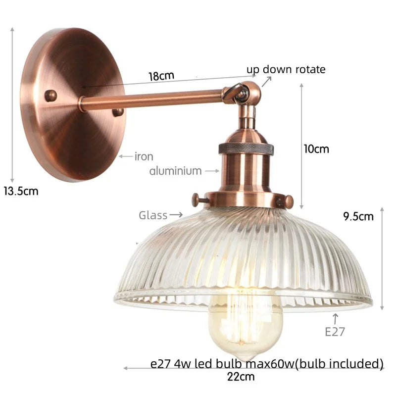 Afralia™ Black LED Wall Lamp Vintage Style Iron Bedside Light Glass Wall Sconce