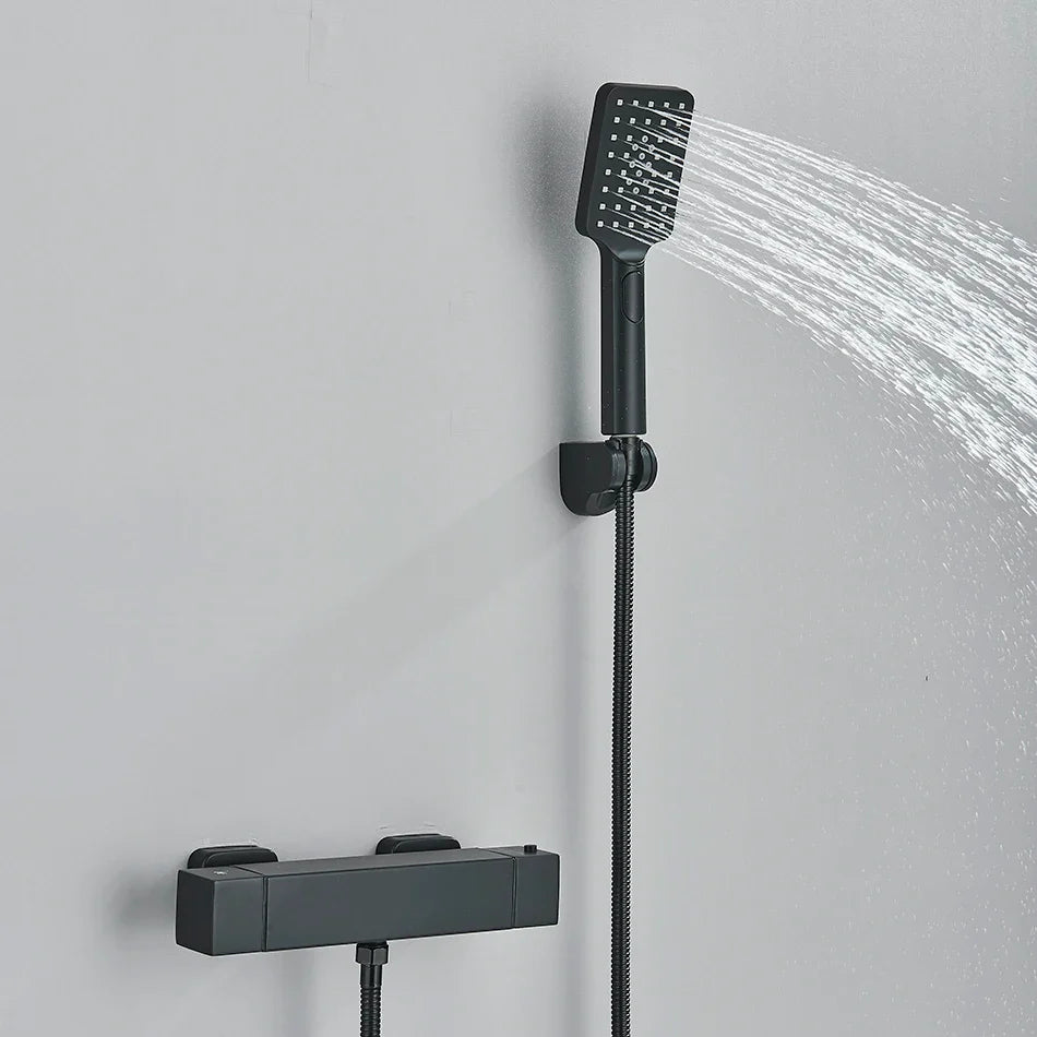 Afralia™ Black/Chrome Thermostatic Shower Set with Brass Wall Mount Mixer Handle Spray