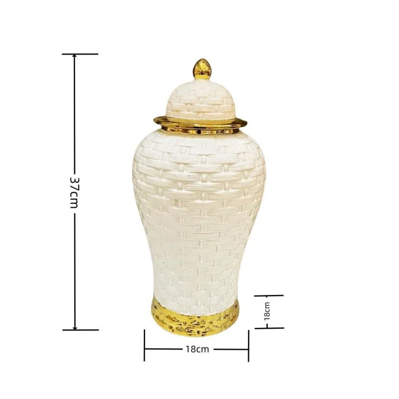 Afralia™ Golden Flower Vase Ceramic Checkmate Jar Weave Pattern Home Decoration Accessories