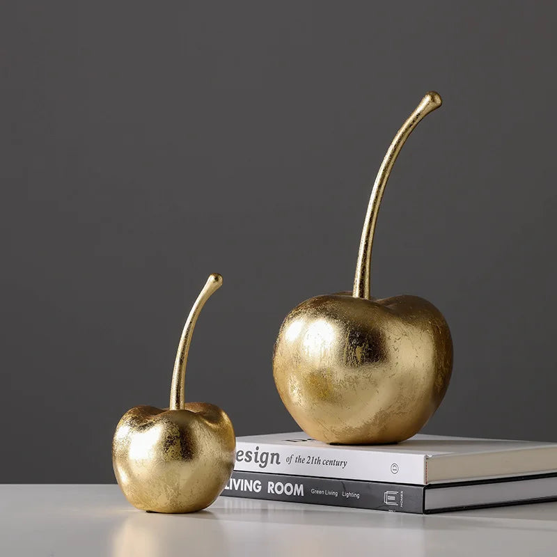 Afralia™ Resin Apple & Cherry Sculptures for Home Decor - Golden Fruit Figurines