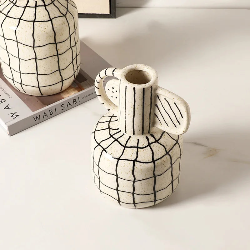 Afralia™ Geometric Line Ceramic Vase Flowerpot Tray Home Decor Accessory