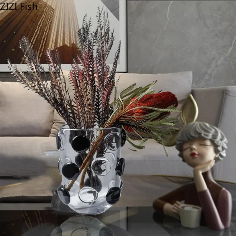 Afralia™ Polka Dot Glass Vase: Hydroponic Plant Pot Table Decor Floral Arrangement Room Aesthetic