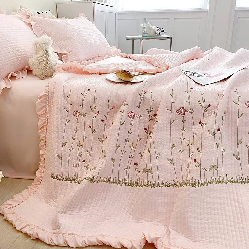Afralia™ Fresh Flower Embroidered Summer Quilt Set - Lightweight Ruffled Comforter