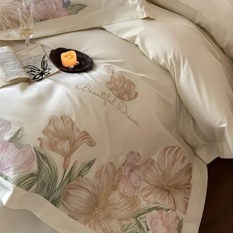 Afralia™ Luxury Flowers Embroidery Bedding Set Cream White 1000TC Egyptian Cotton Princess Suite