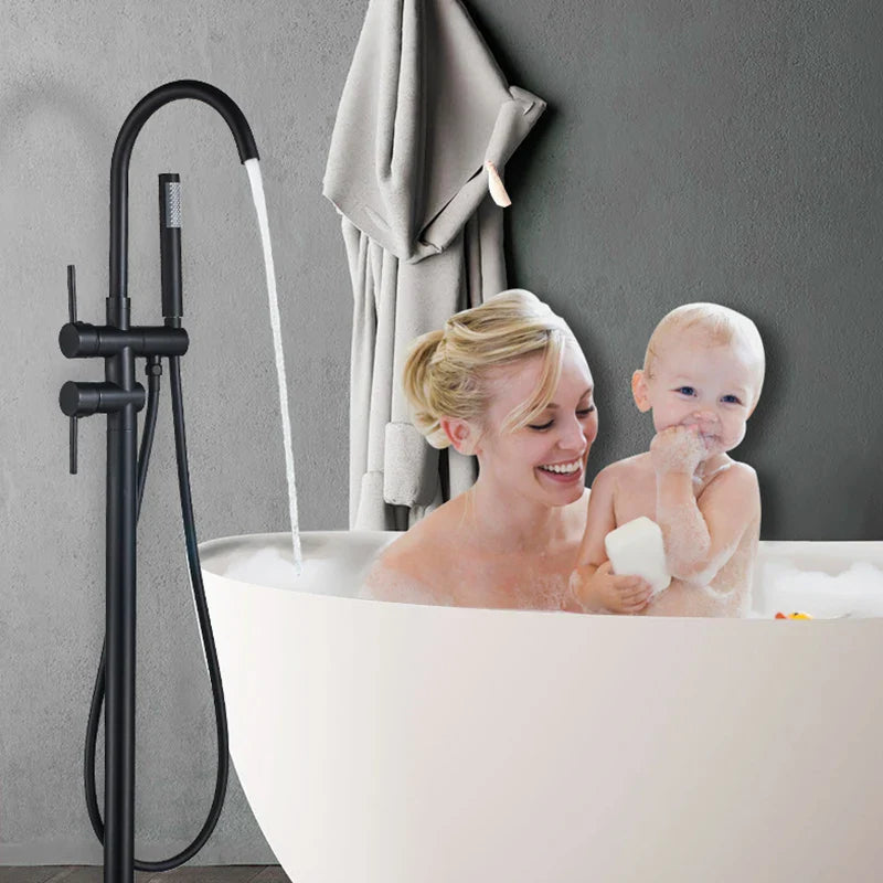 Afralia™ Matte Black Bathtub Faucet Diverter Floor Mounted Mixer Tap Brass Bath Spout Crane