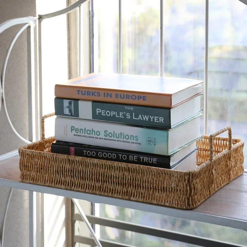 Afralia™ Rattan Weave Handle Tray - Multipurpose Serving Basket for Home Organization.