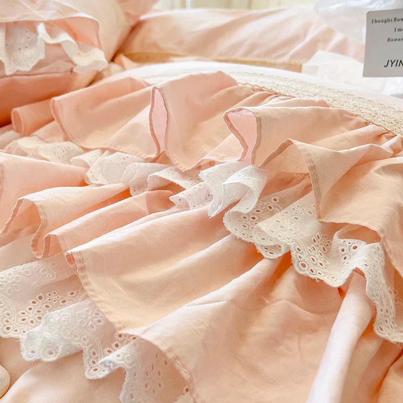 Afralia™ Pink Princess Lace Ruffles Bedding Set - 100% Cotton Double Layer Duvet Cover