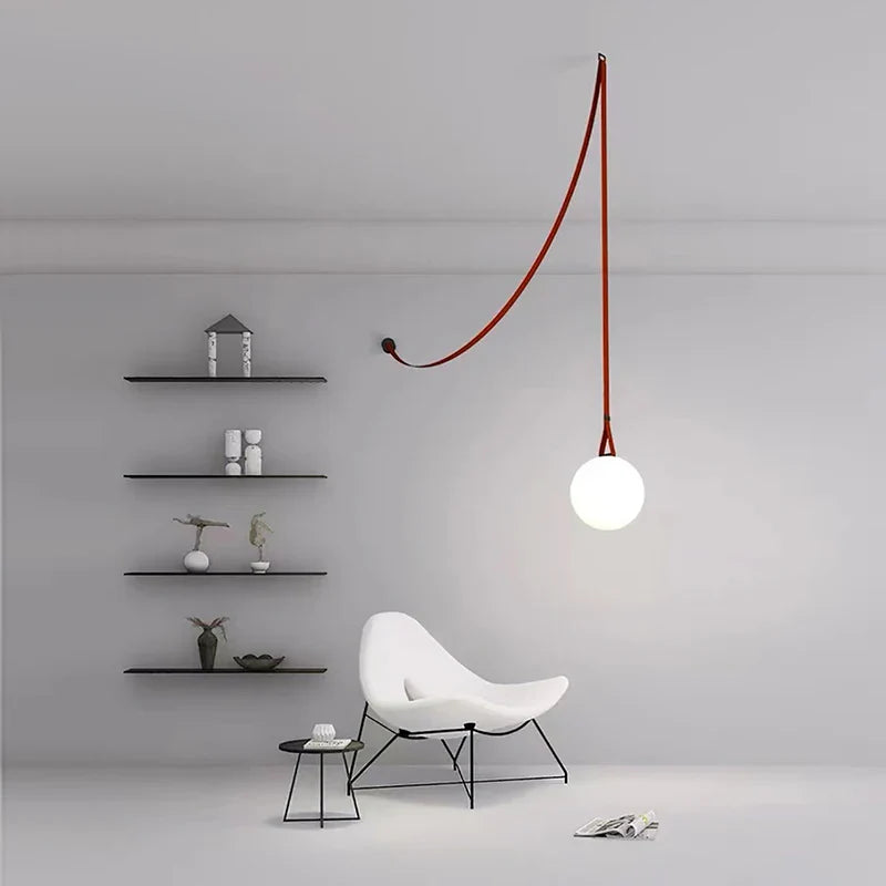 Afralia™ Leather Glass Ball Pendant Light for Living Room, Adjustable Belt DIY Fixture