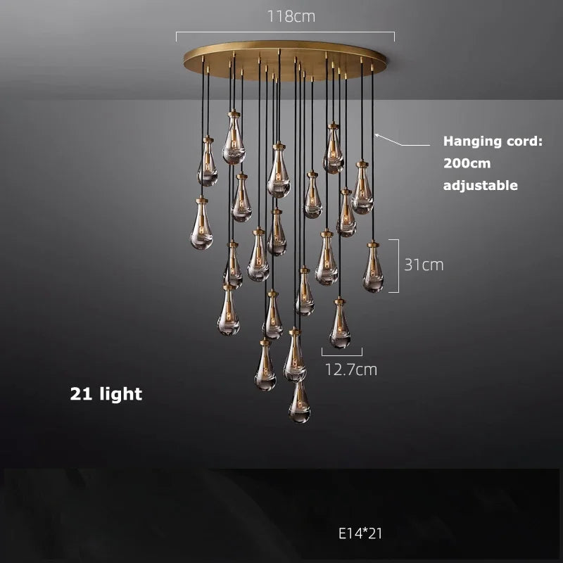 Afralia™ Brass Teardrop Pendant Chandelier with Black/Gold Glass - LED Living Room Staircase Light