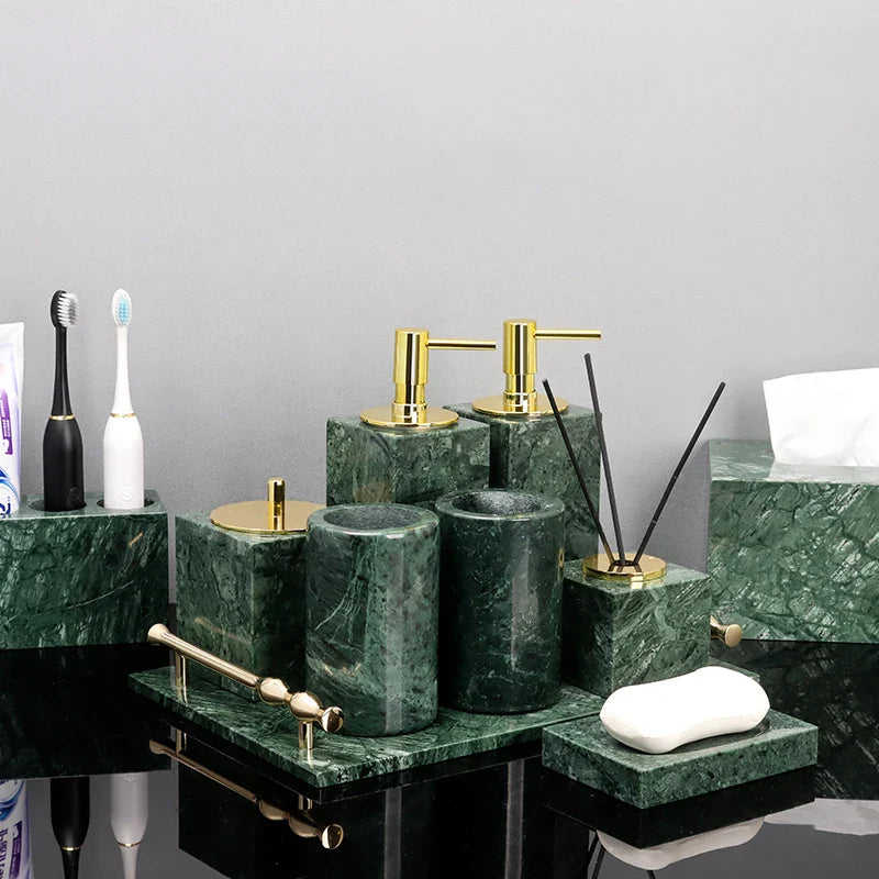 Afralia™ Green Marble Bathroom Set: Dispenser, Dish, Holder, Tissue Box & Accessories