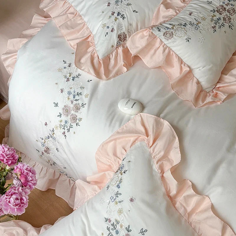 Afralia™ Korean Princess Lace Ruffles Flowers Embroidery Bedding Set with 100% Cotton Quality.