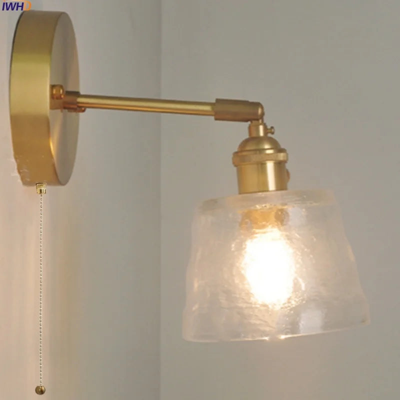 Afralia™ Clear Glass LED Wall Lights Brass E27 Pull Chain Switch Bedside Lamp