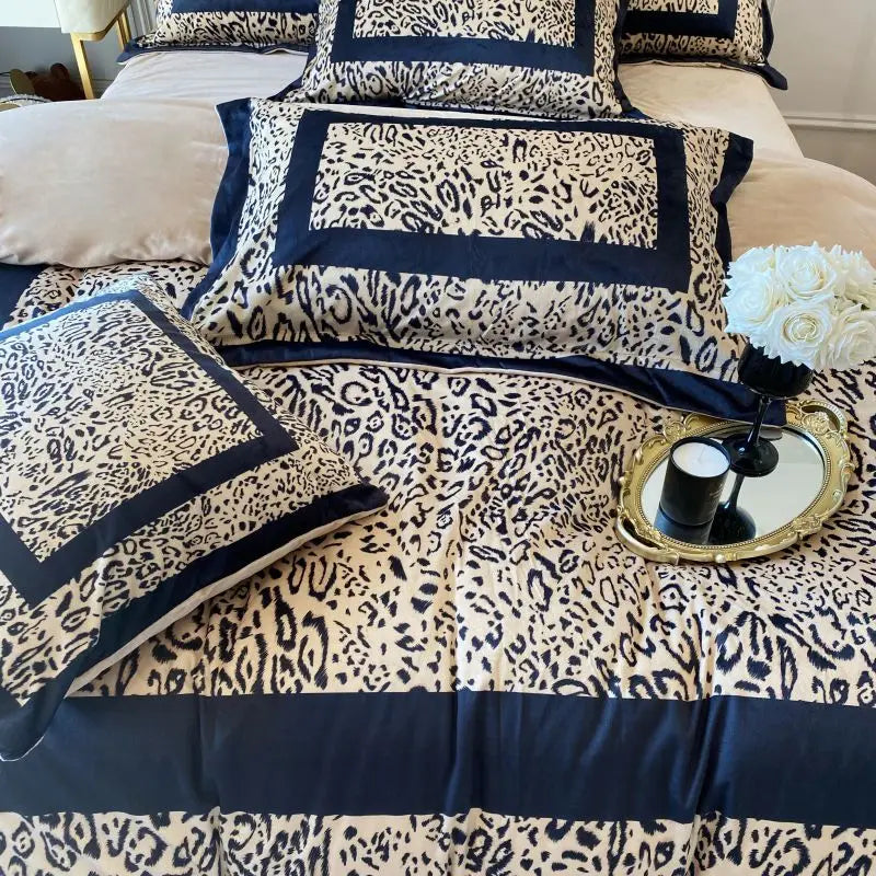 Afralia™ Leopard Print Velvet Bedding Set: Duvet Cover, Bed Sheet, Pillowcases