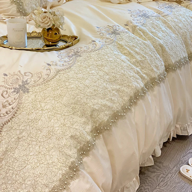 Afralia™ Embroidered Ruffles Beads Bedding Set with Egyptian Cotton Duvet Cover