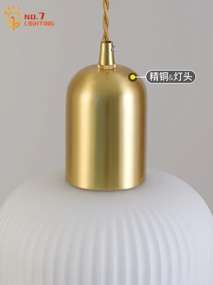 Cream Glass Copper Pendant Light LED E27 Modern Fixture for Bedroom, Living Room, Cafe by Afralia™