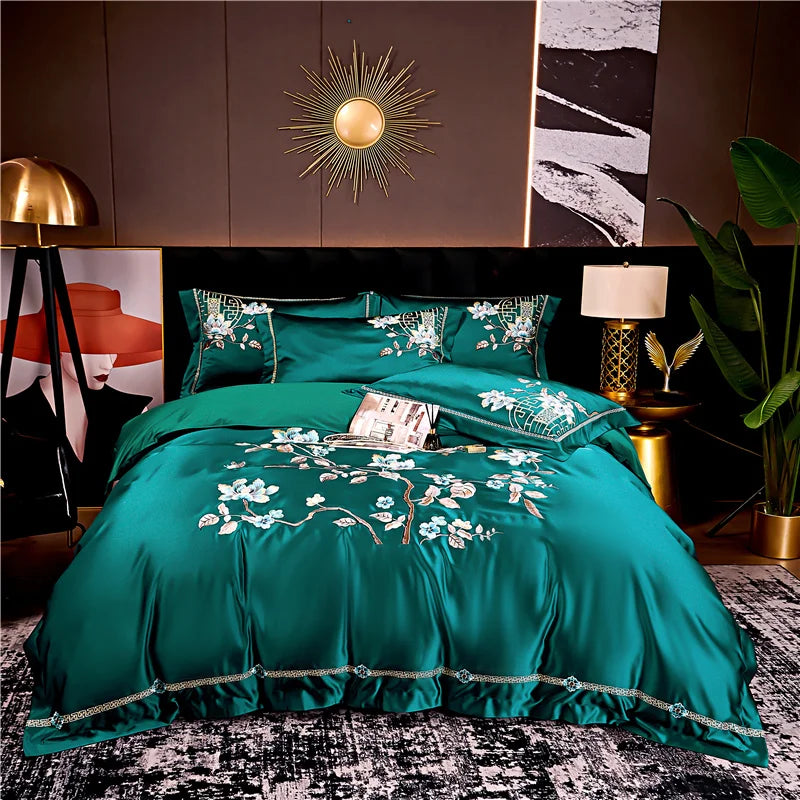 Afralia™ Peony Flowers Embroidery Bedding Set - Luxury Chinese Style - Duvet Cover & Sheets
