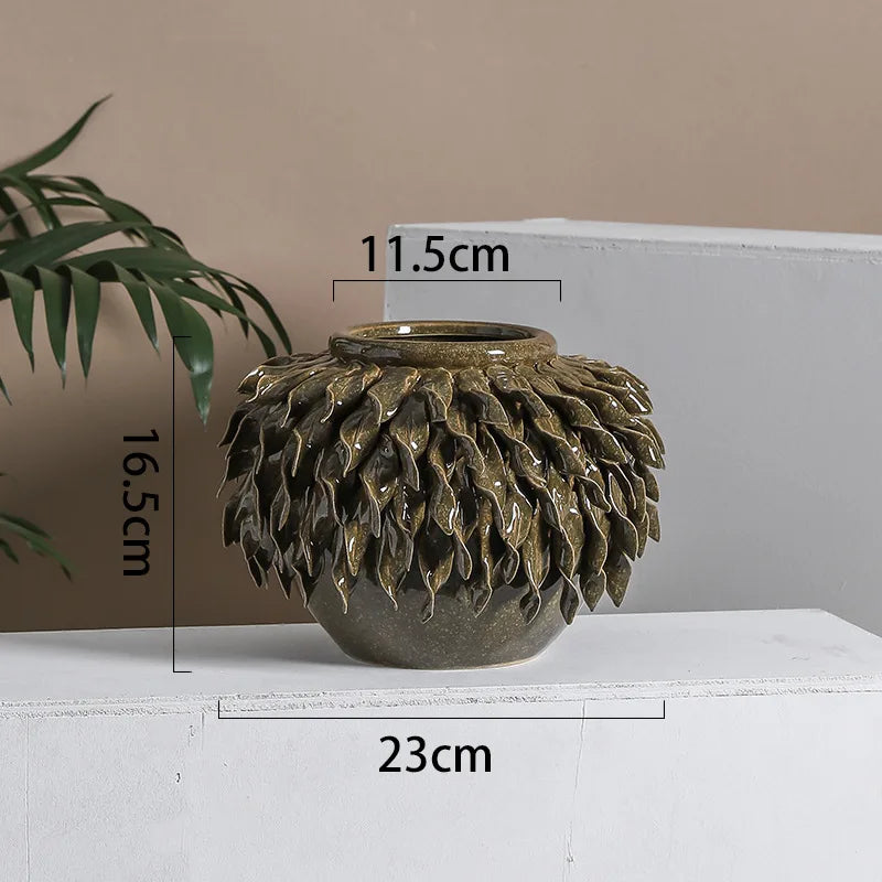 Afralia™ Leaf Relief Ceramic Vase: Hand-made 3D Floral Arrangement Pot