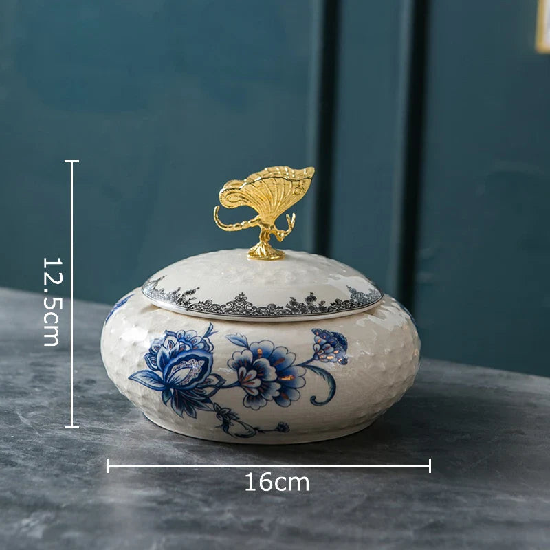 Afralia™ Dragonfly Lid Ceramic Jewelry Box - Round Floral Pattern Storage Jar