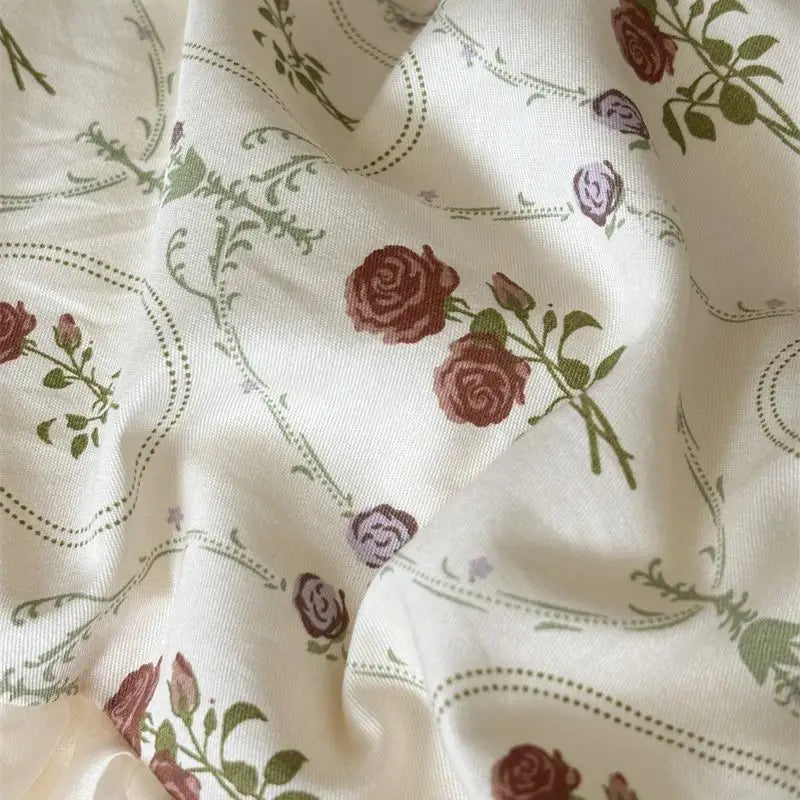 Afralia™ Vintage French Rose Print Princess Bedding Set with Lace Ruffles