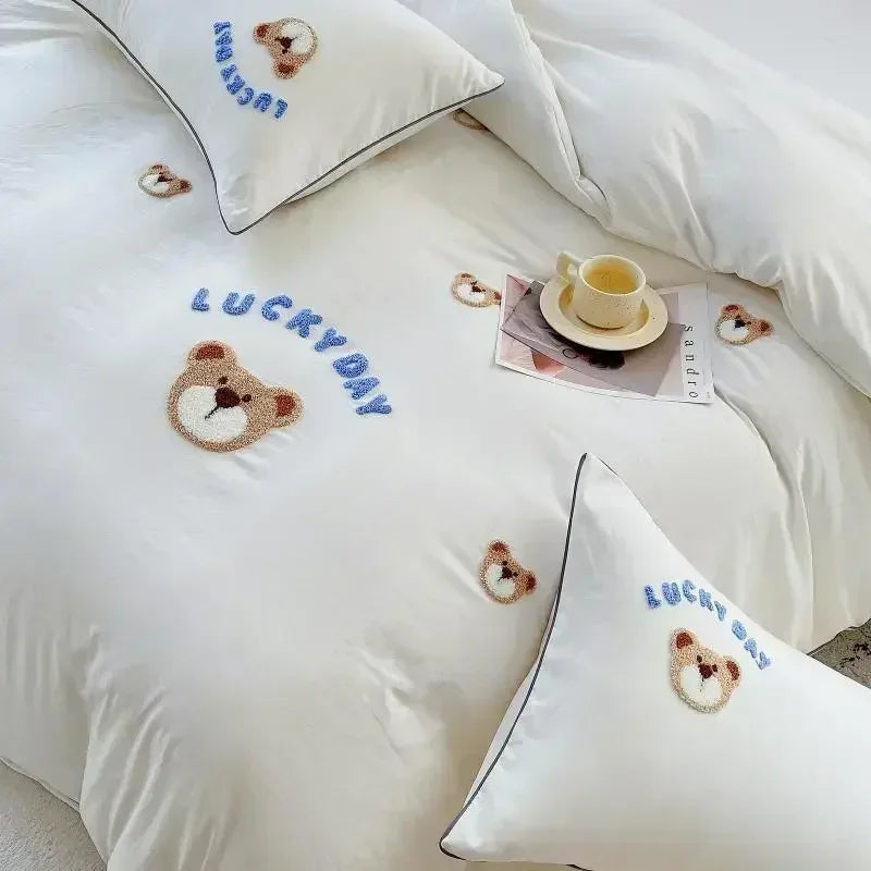 Afralia™ Cute Bear & Sheep Embroidery Bedding Set for Single/Double Bed