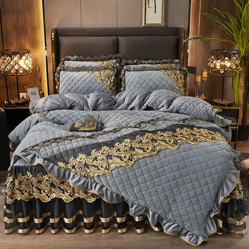 Afralia™ Black Gold Luxury Crystal Velvet Bedding Set with Quilted Embroidery & Ruffles