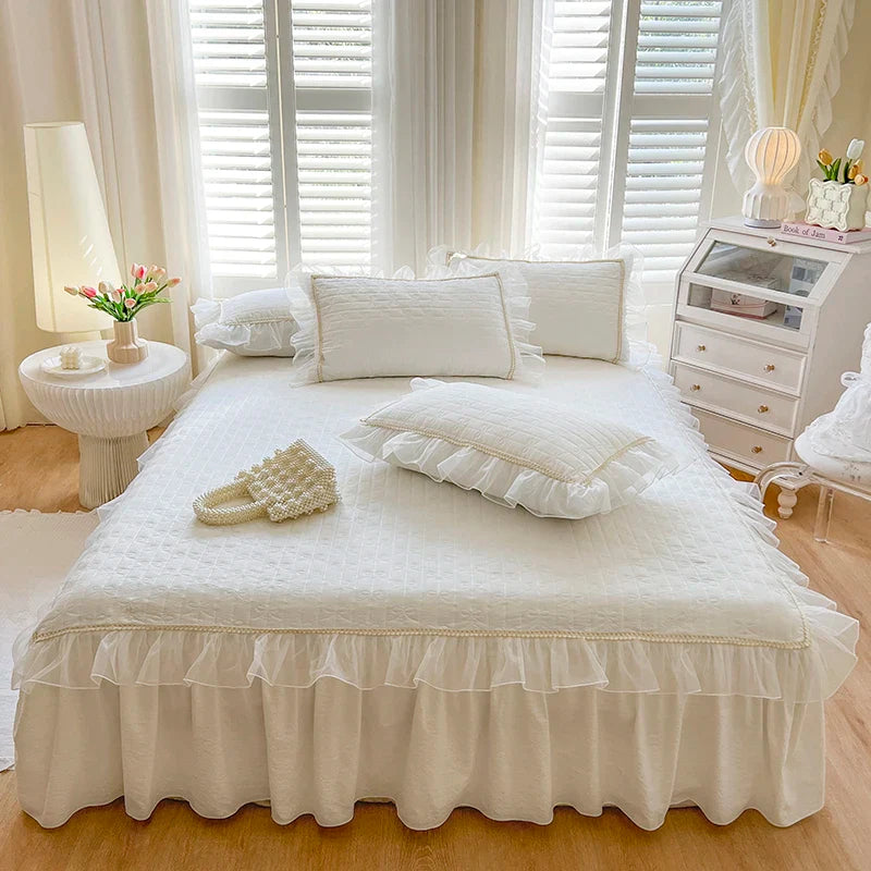 Afralia™ Seersucker Princess Bedding Set with Lace Ruffles - 4Pcs