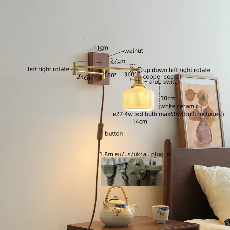 Afralia™ Ceramic Walnut LED Wall Lights for Modern Bedroom Living Room, Pull Chain Switch