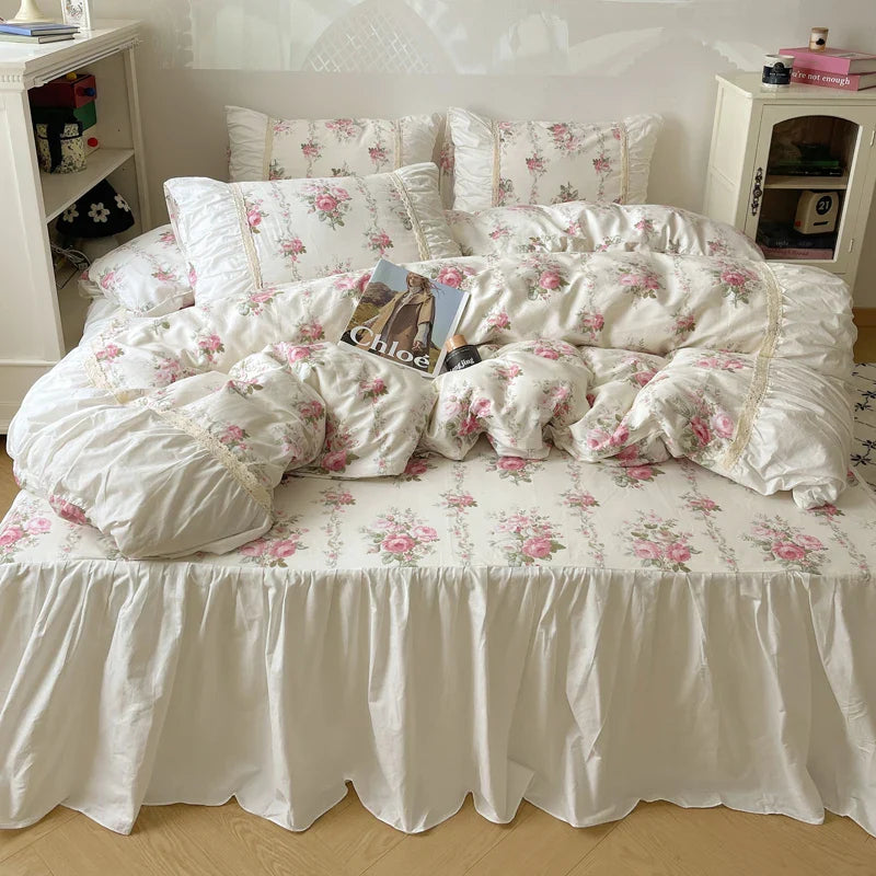 Afralia™ Korean Princess Flowers Bedding Set - Duvet Cover, Bed Skirt, Pillowcases