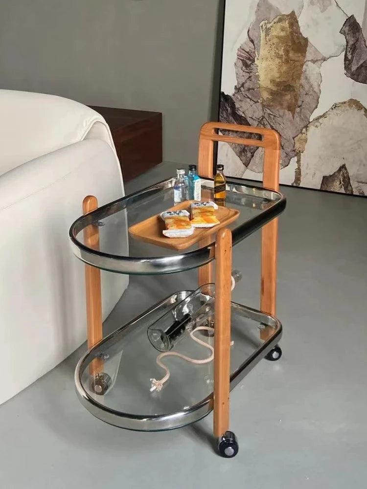 Afralia™ Nordic Wood End Table with Glass Top & Movable Trolley - Multifunctional Storage Rack