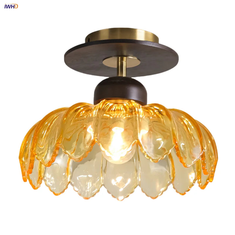 Afralia™ Amber Glass Ceiling Lamp Wood Nordic Modern Bedroom Bathroom Light