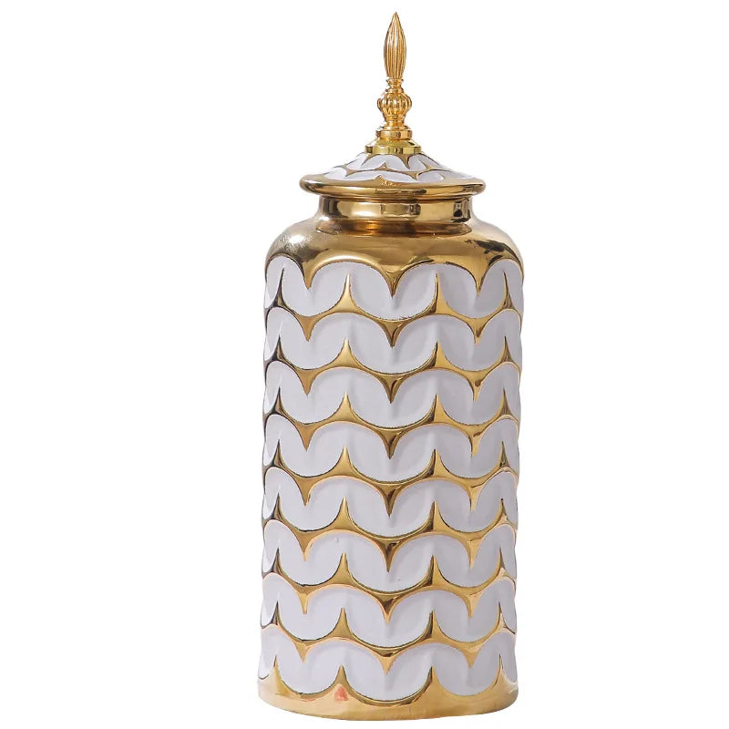 Afralia™ Checkmate Ginger Jar Vase Plaid Gold Porcelain Bottle Home Decor