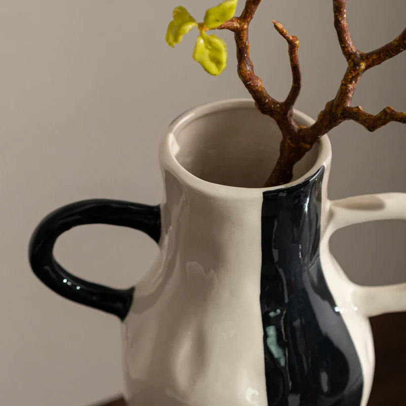Afralia™ Geometric Check Pattern Ceramic Vase with Handle for Home Decoration