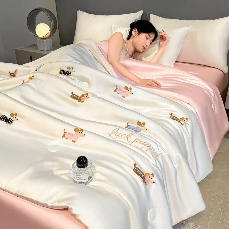 Afralia™ Washed Silk Embroidered Quilt Set Queen, Cooling Summer Blanket