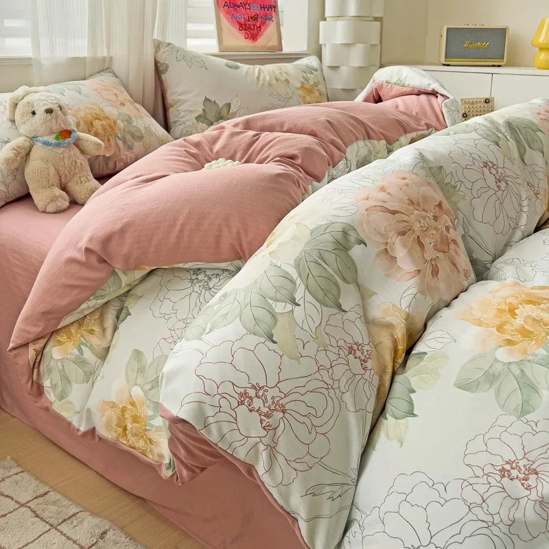 Afralia™ Flower Print Bedding Set 200X230Cm Soft Cotton Duvet Cover Set