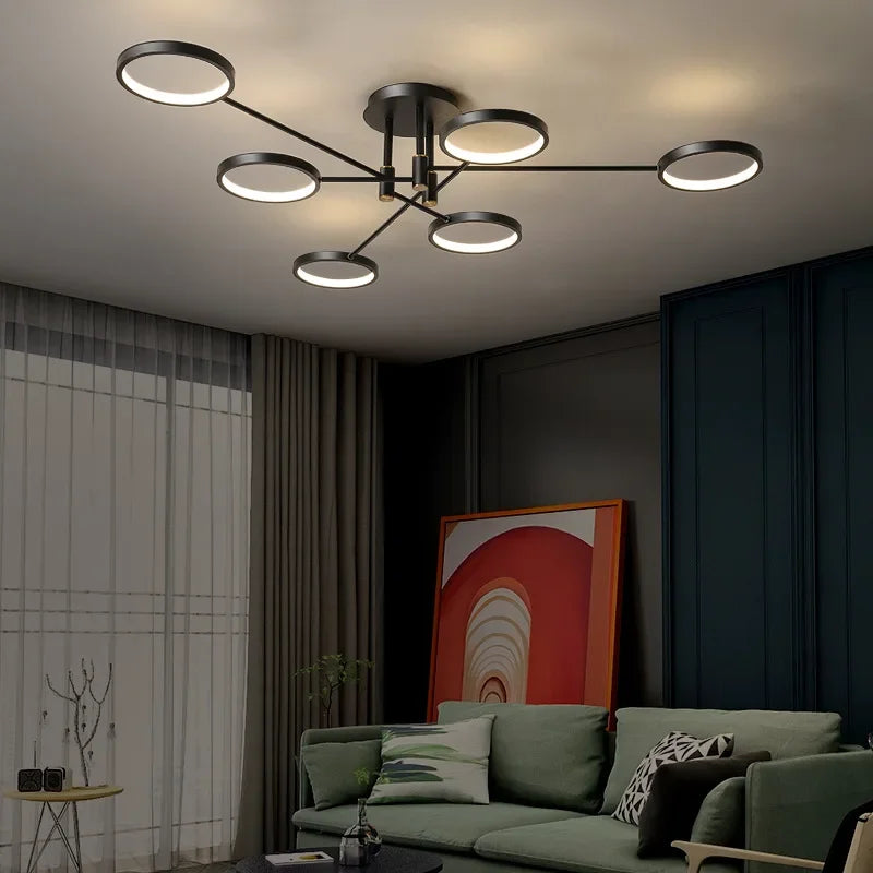 Afralia™ Modern LED Chandelier Black Aluminum Ceiling Light with Remote Control