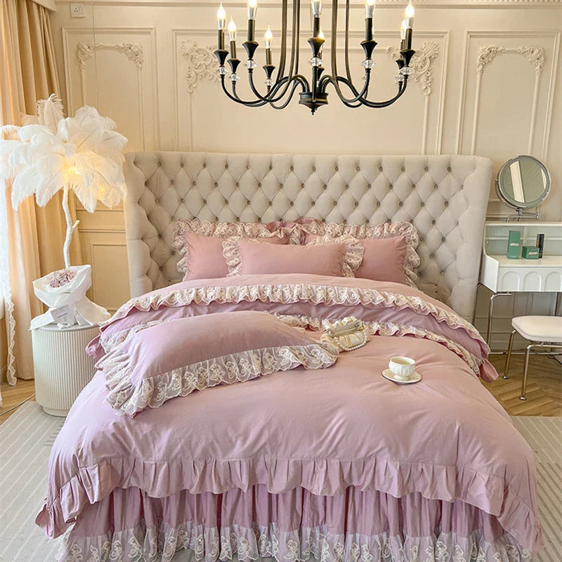 Afralia™ Korean Princess Lace Ruffles Bedding Set in Bean Paste Pink