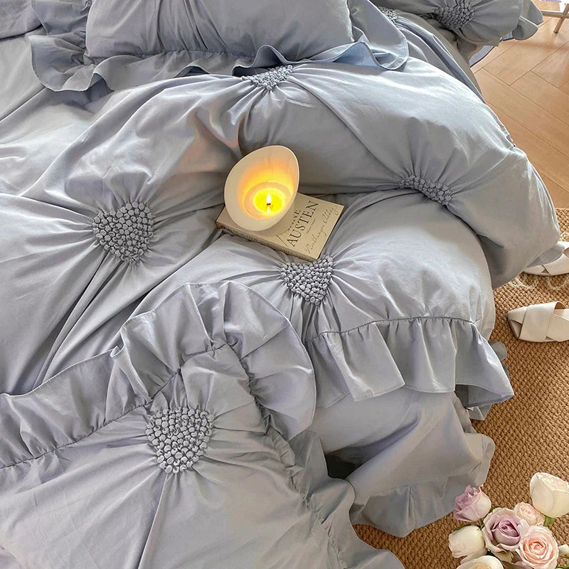 Afralia™ Korean Princess Style Pure Cotton Bedding Set with Ruffles and Heart Pleat