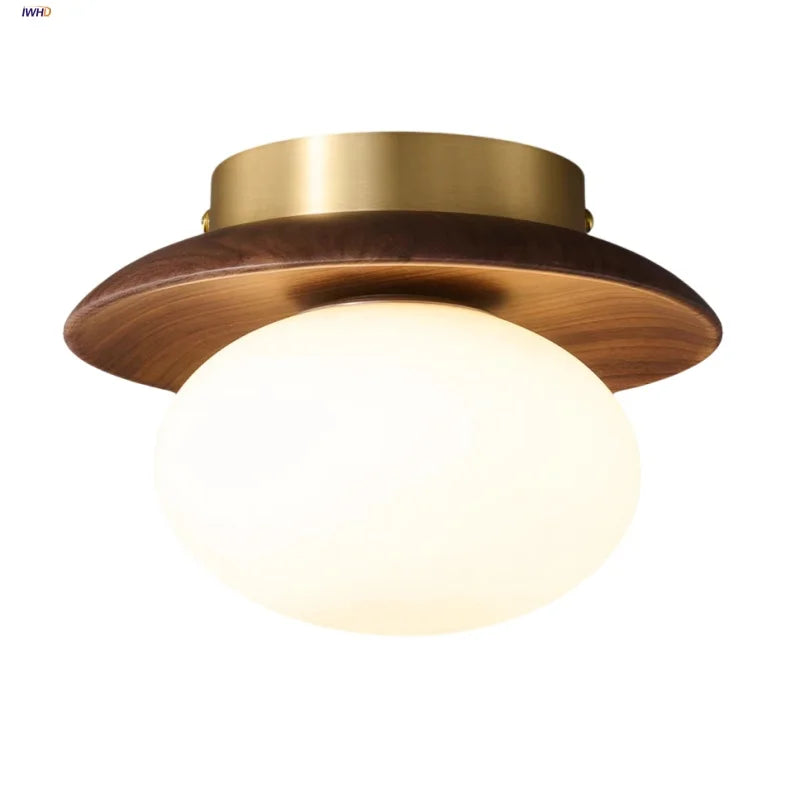 Afralia™ White Glass LED Ceiling Light Fixture with Wood Copper Canopy