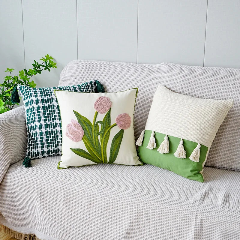 Afralia™ Tulip Embroidered Pillowcase Green Crochet Tassel Cushion Cover 45*45cm