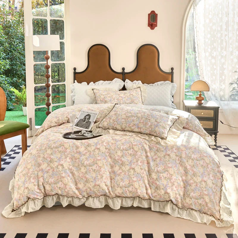 Afralia™ Vintage French Floral Lace Ruffles Bedding Set - 4Pcs