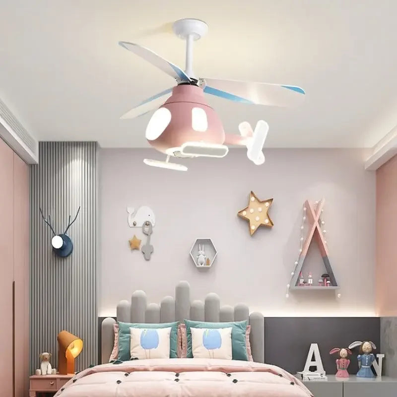 Afralia™ Kids' Helicopter Ceiling Fan with LED Light Chandelier - Modern Aircraft Design