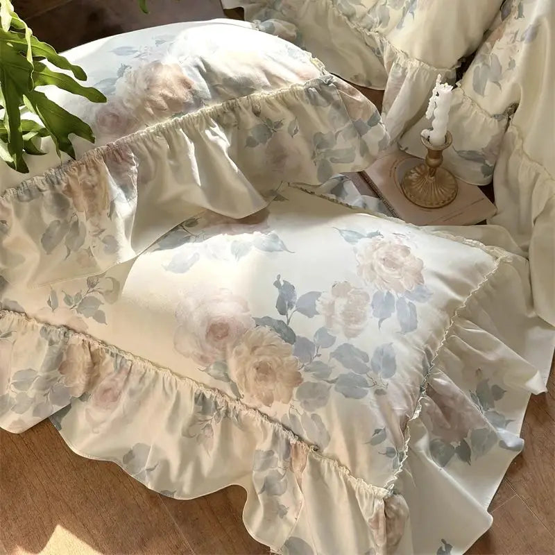 Afralia™ French Rose Flowers Print Bedding Set, Elegant Ruffles Princess Collection