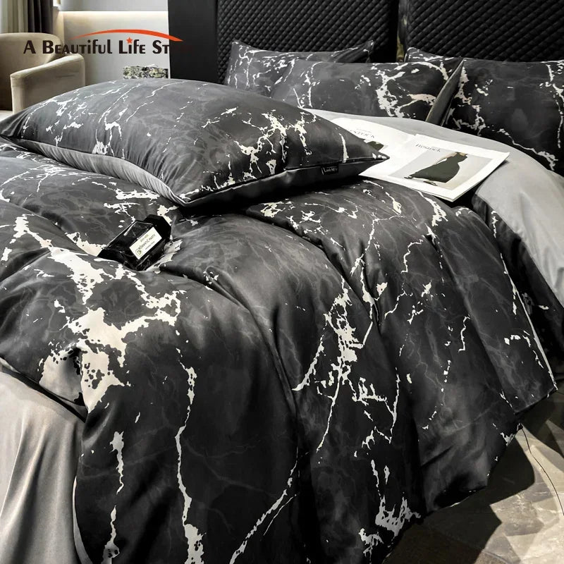 Afralia™ Black Grey Marble Ice Silk Duvet Cover Set - Luxury Cooling Comfort, Nordic Style
