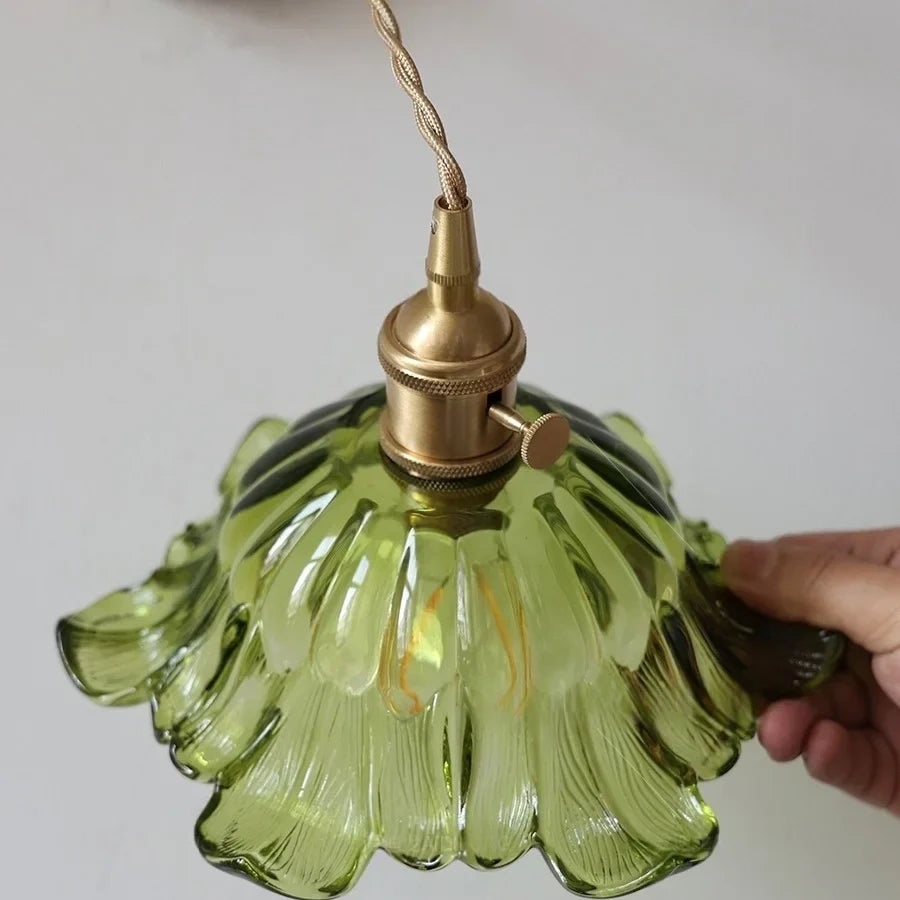 Afralia™ Glass & Copper Green Flower LED Wall Sconce with Pull Chain