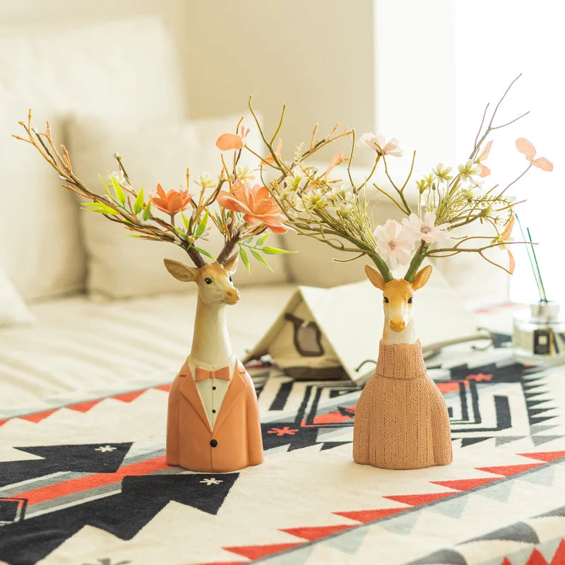 Afralia™ Cartoon Deer Vase Resin Handicraft, Home Decoration, Animal Sculpture