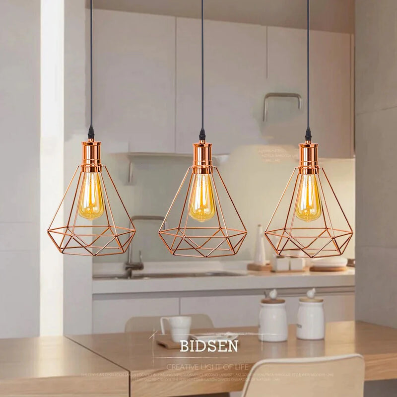 Afralia™ Rose Gold Birdcage Pendant Lamp for Living Room, Vintage & Modern Plating Metal Cage