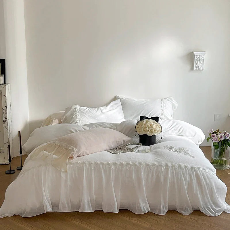 Afralia™ Romantic Lace Ruffles Bedding Set with Flowers Embroidery